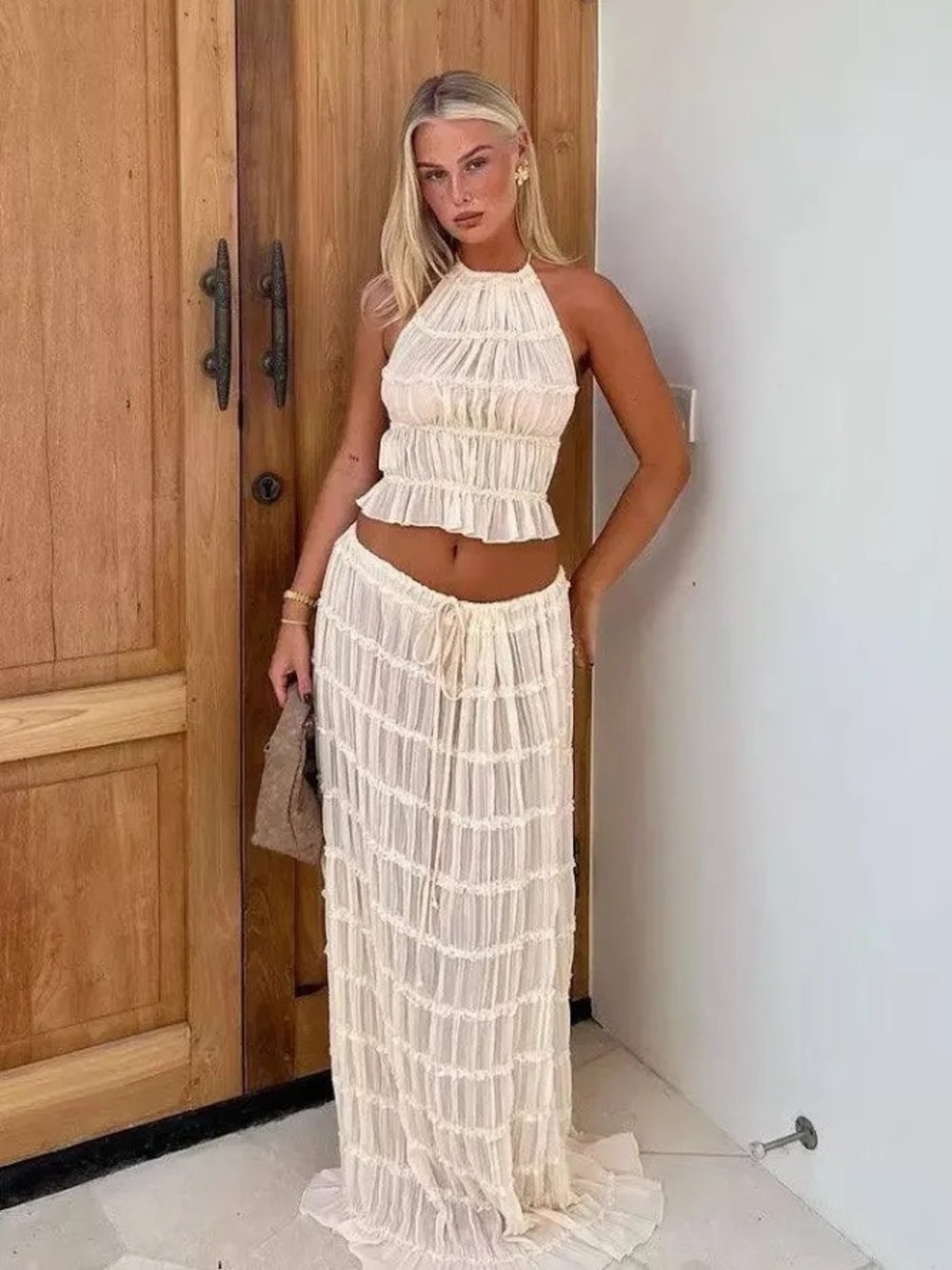 Light Cream Ruffled Tiered Camisole and Skirt Set - Women